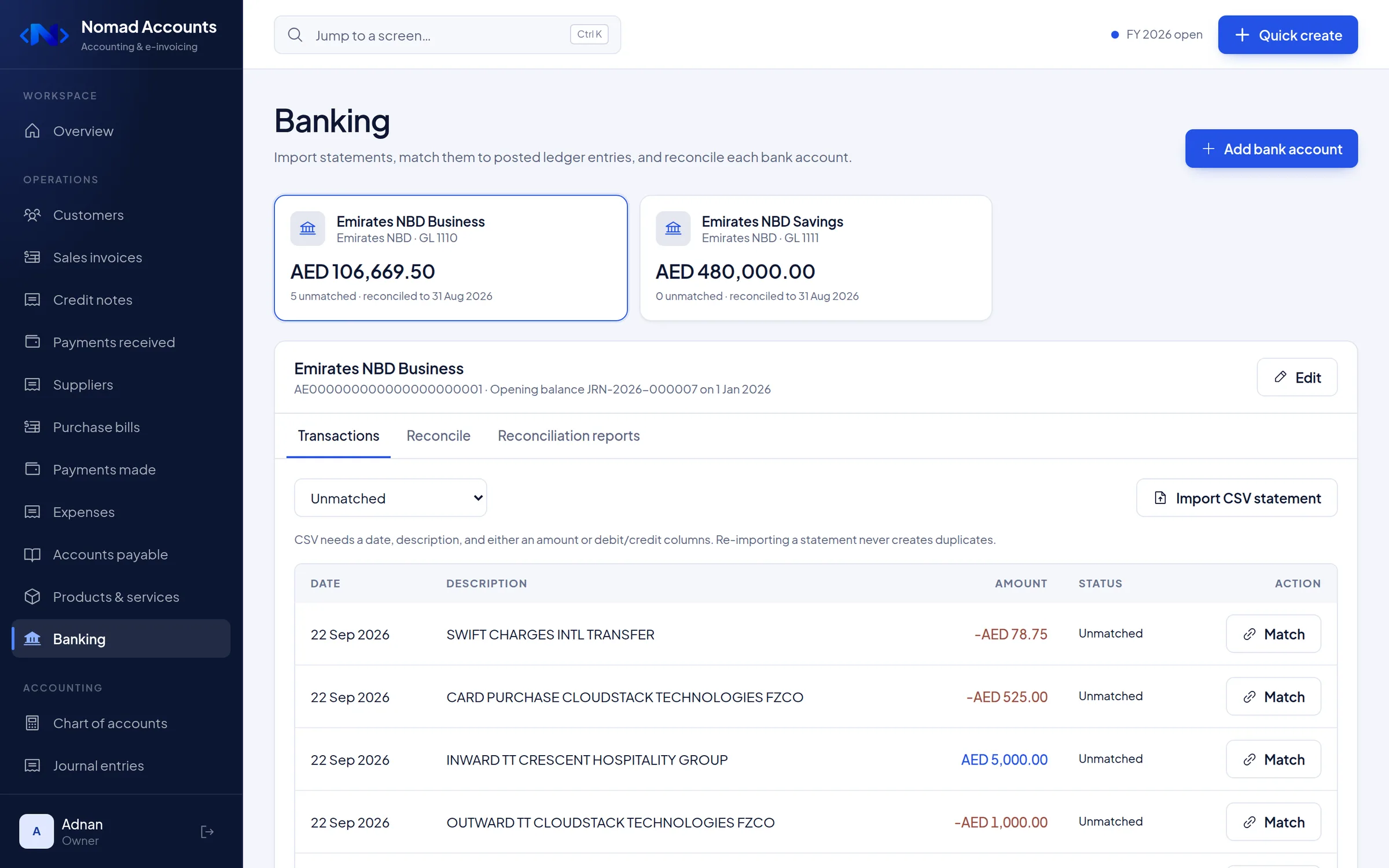 Nomad Accounts banking screen with bank account balances, imported statement lines, and matching for reconciliation