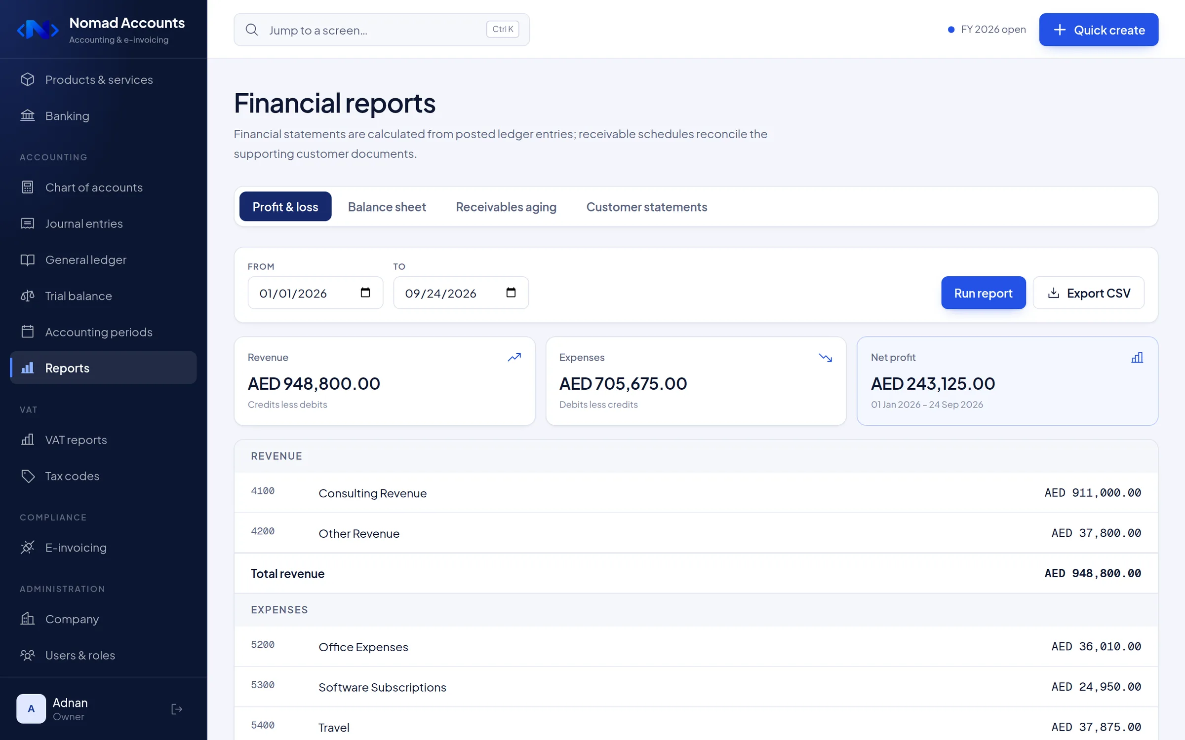 Nomad Accounts profit and loss report with revenue, expenses, and net profit calculated from the general ledger