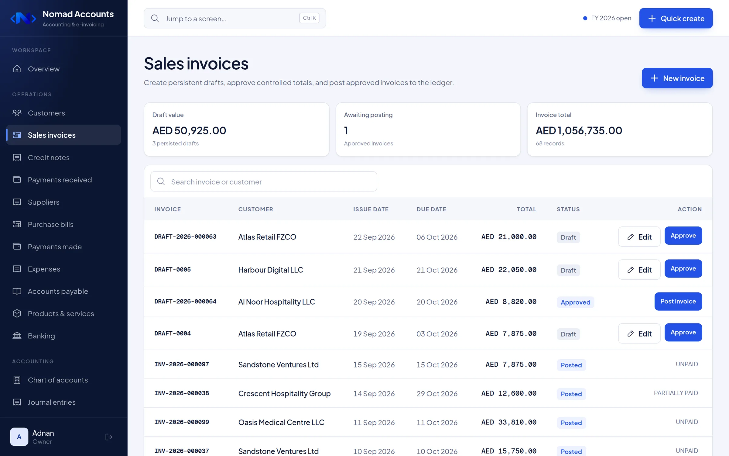 Nomad Accounts sales invoices list with draft, approved, and posted invoices, customers, due dates, and AED totals