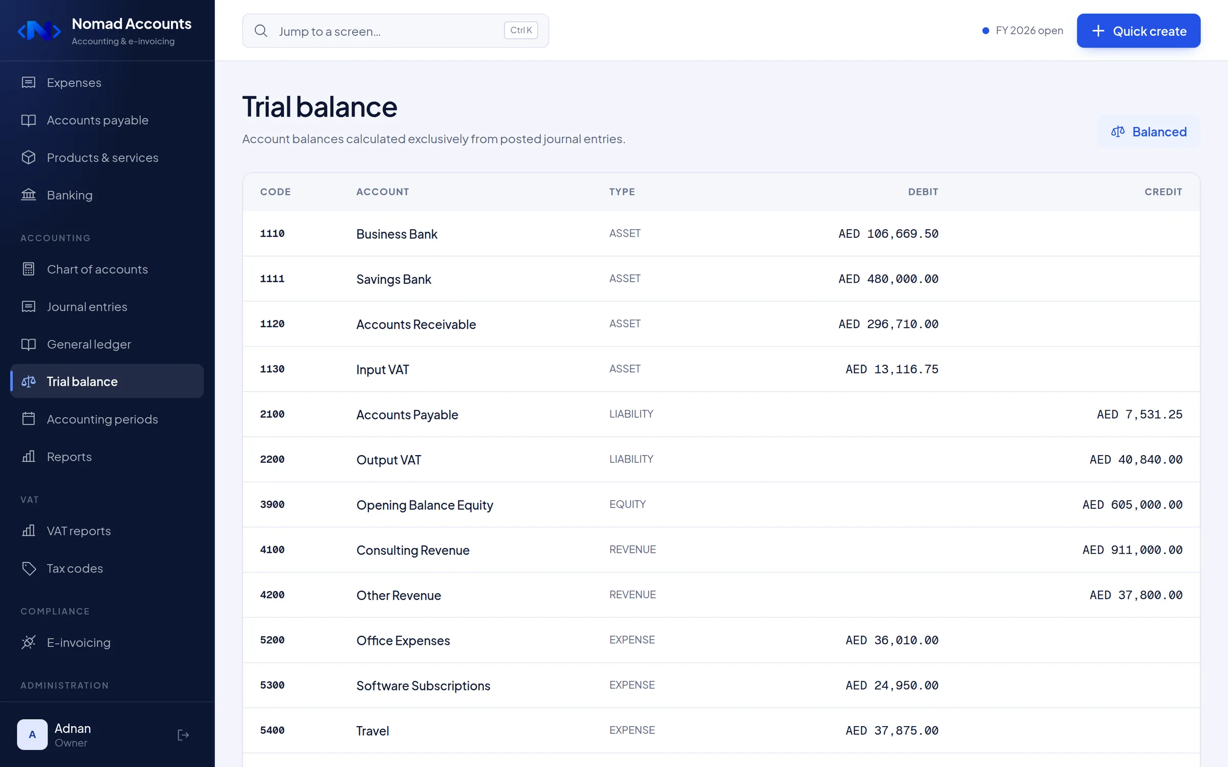 Nomad Accounts trial balance listing each ledger account with debit and credit balances and a balanced indicator