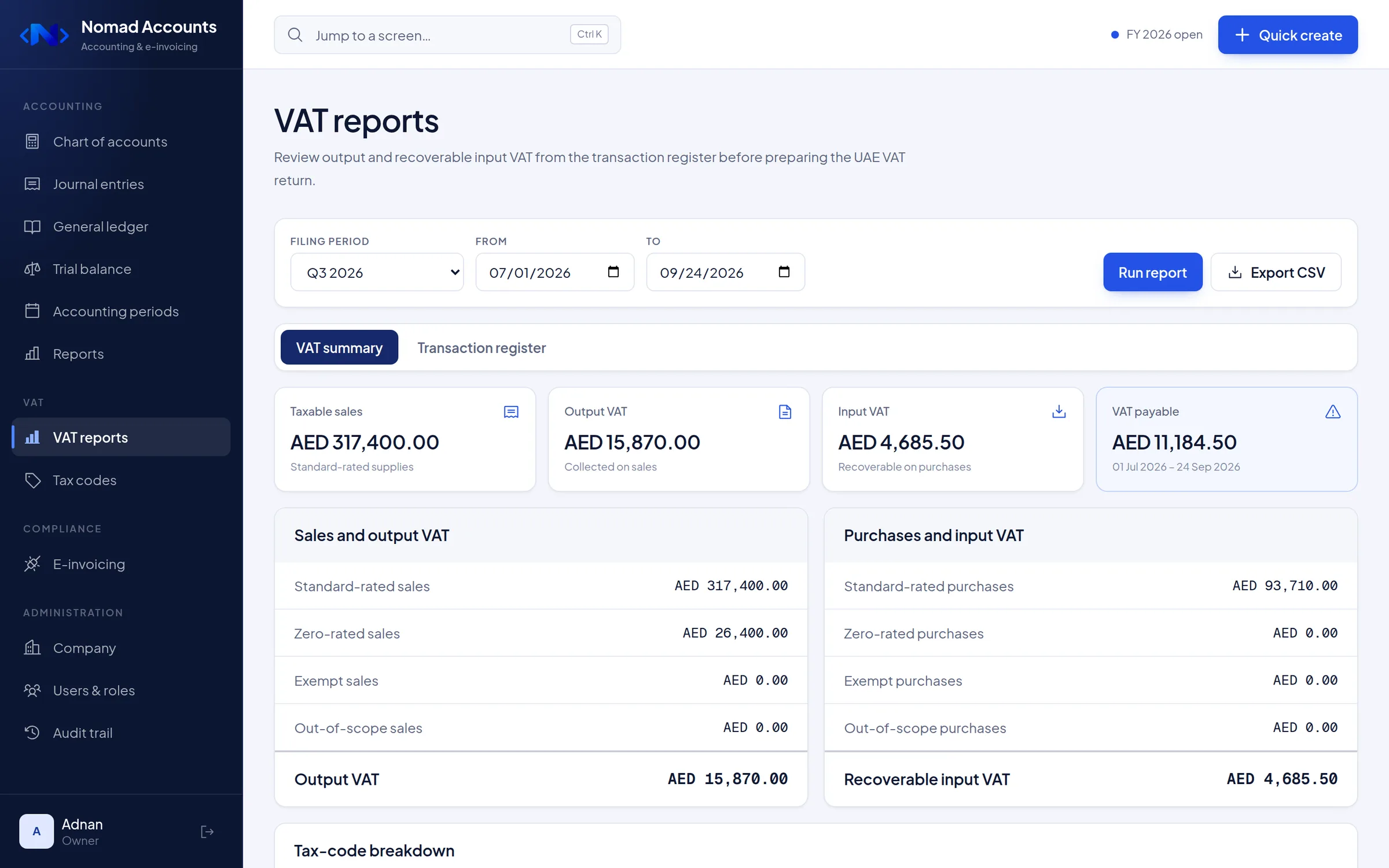 Nomad Accounts UAE VAT report for a quarter showing taxable sales, output VAT, recoverable input VAT, and VAT payable